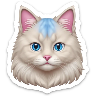 Fluffy Siberian cat face emoji, white and grey long hair, bright blue eyes, pink nose, friendly expression, 3D vector style, isolated on white background. sticker