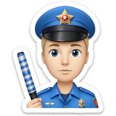Russian traffic police officer in blue uniform with striped baton and peaked cap, holding traffic baton sticker