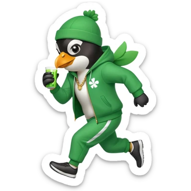 full body friendly anthropomorphised penguin wearing green mafia-style tracksuit, angry, running aggressively, shamrock accessory, no drink sticker