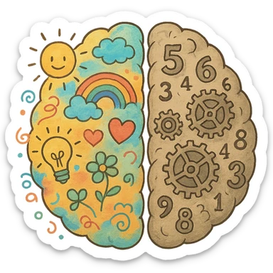 ghibli style split brain, left side with doodles and paint, right side with gears and numbers sticker