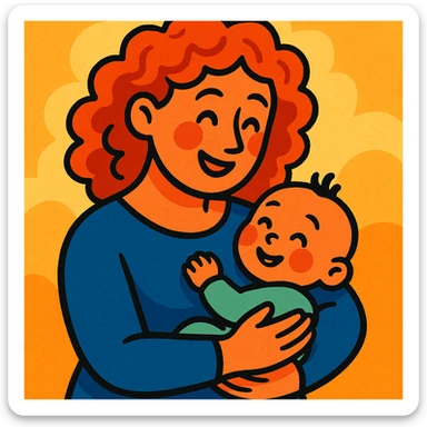 woman with curly red hair holding a baby, warm friendly style sticker
