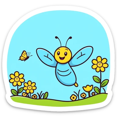 Happy blue butterfly with a big smile flying in a spring meadow with blooming flowers sticker