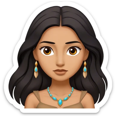 Cinematic Stunning Pocahontas Portrait Emoji, Windswept raven hair flowing behind her, deep brown eyes filled with wisdom and strength, glowing sun-kissed skin, wearing her elegant tan dress, the spirit of the wild in her expression, breathtakingly majestic! sticker