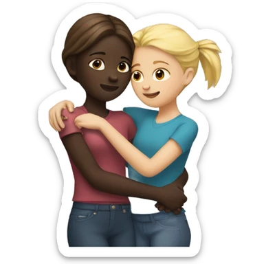 A girl with dark skin and dark red hair hugs a girl with blond hair sticker