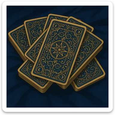 tarot card deck with ornate, intricate backs, gold and deep blue color palette, cards fanned out, mystical and elegant sticker