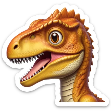 Cinematic Realistic Cute velociraptor/T-rex Portrait Emoji, Head tilted playfully and inquisitively, featuring a compact, slightly rounded build with intricately detailed, textured scales in natural hues and a surprisingly endearing face with bright, curious eyes, rendered with lifelike clarity and warm natural light, high shine, affectionate and quirky, styled with a touch of prehistoric whimsy, soft glowing outline, capturing the essence of a mischievous yet lovable velociraptor/T-rex that seems poised to stomp playfully into your arms! sticker