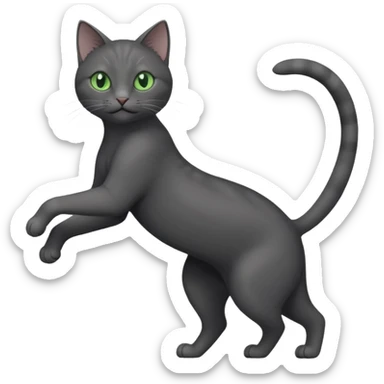 full body gorgeous solid dark grey cat with green eyes, white paws and white whiskers stretching like a cat sticker