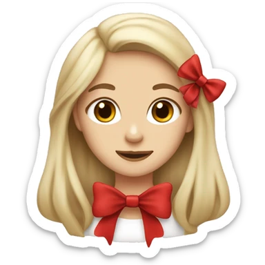 Ash blonde girl with long hair and brown eyes with a yorkshire dog which has a red bow on head sticker