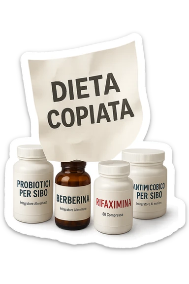 FOGLIO DI CARTA FLUTTUA IN ARIA CON LA SCRITTA "DIETA COPIATA", INSIEME A BARATTOLI DI INTEGRATORI PER CURARE IL SIBO IN ITALIANO, IPERREALISTICO 4K, NON DISEGNATO sticker