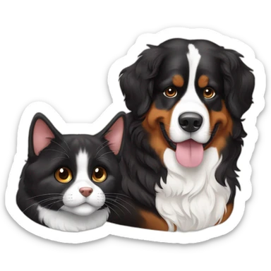 Bernese dog next to A brown and black cat without white fur sticker