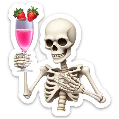 Skeleton sipping pink champagne with strawberries  sticker
