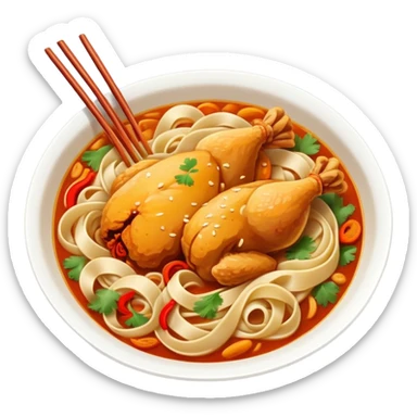Xinjiang Big Plate Chicken with wide noodles in large dish, simplified emoji style with bold outlines and bright colors, cartoon style spicy chicken stew sticker