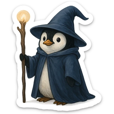 penguin wizard holding a staff wearing a pointed hat sticker