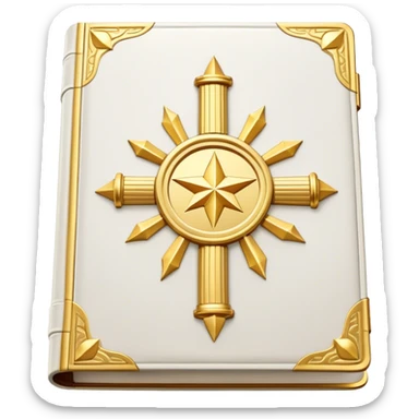 A white leather book with golden accents, smooth and polished, embossed with a symbol of six pillars, or a glowing mirror, radiating strength, confidence, and the power of self-worth.  sticker