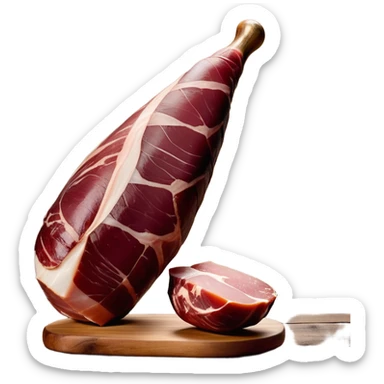 _cinematic-realistic-spanish-ham-leg,-depicted-as-a-massive,-cured-leg-of-jamón-serrano-(ham)-with-a-deep-reddish-brown-hue on the outside,-intricately-marbled-and-slightly-glossy-with-age,-elegantly-displayed-on-a-rustic-wooden-stand-and-bathed-in-warm - jamon prosciutto sticker