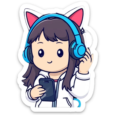 Super kawaii Japanese girl with long hair wearing cat ear headphones and holding a mobile phone sticker