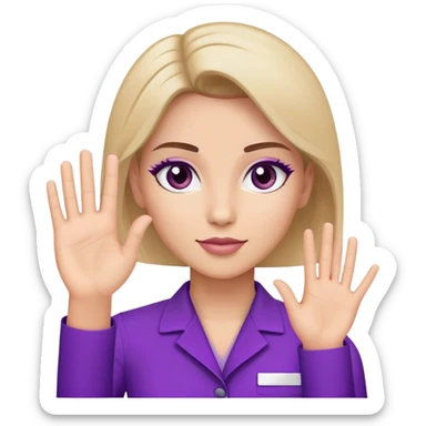 A woman raising her hand, wearing a purple beauty salon work uniform with a professional appearance sticker