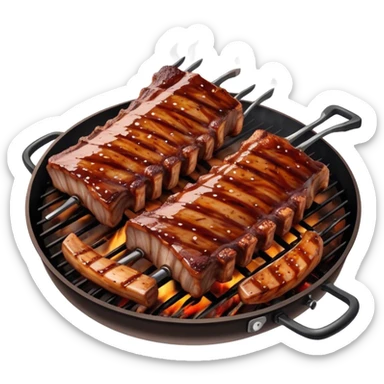 Cinematic juicy grilled ribs, glistening with smoky barbecue sauce, charred edges, tender meat falling off the bone, sizzling on a hot grill, mouthwatering and rich, warm and inviting, ultra-realistic and delicious. sticker
