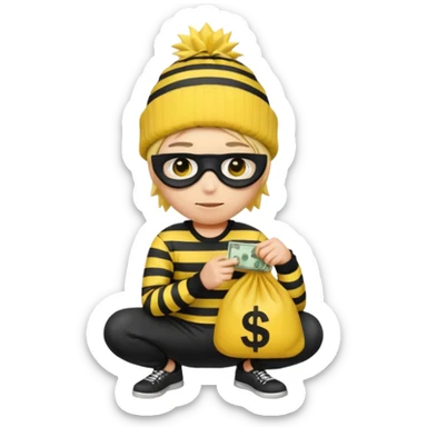 An Apple style rubber emoji is wearing a black beanie and has yellow hair that is spiky but flat hanging out from under it and the robber is wearing a striped shirt and has yellow skin and black eye mask. He also has the money back over his shoulder and is sort of crouching. sticker