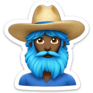 a man black beard and mustache wearing straw hat with large blue hair sticker