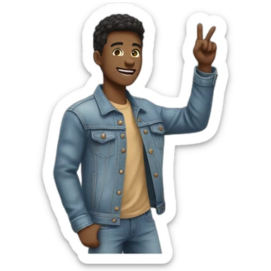 Cool person in denim jacket pointing upward from left hand skin color light. Make look face with emoji sticker