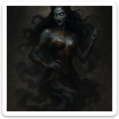 a beautiful but evil jinn queen, ethereal, smoke-like lower body, regal pose, sinister expression, fantasy art sticker