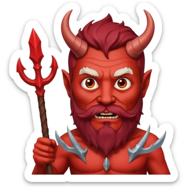 satan emoji holding a trident. make him red and scary. make him older with a beard sticker