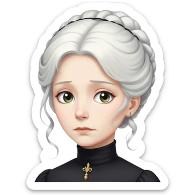 A Victorian woman with elegant coiffed white hair and light eyes wearing a modest black turtleneck mourning dress looking down with a forlorn expression sticker