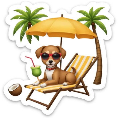 a dog laied on a beach chair, a sunny beach, a sun umbrella, and beach coconut trees. the icon should capture the essence of a relaxing beach vacation with a carefree atmosphere sticker