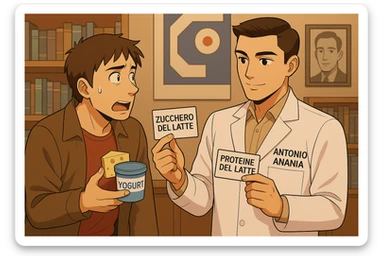 fai un webtoon manga a colori con questo stile, in cui un uomo fa una domanda al kinesiologo con il camice bianco (fagli anche la scritta "ANTONIO ANANIA" SUL CAMICE, l'uomo chiede una cosa mostrando un formaggio e uno yogurt al kinesiologo con il camice, IL KINESIOLOGO annuisce e SPIEGA ALL'UOMO UNA cos. L'UOMO ha un ESPRESSIONE CONFUSA IN VOLTO. non fare i fumetti però, fai solo in modo che sembri stiano parlando sticker