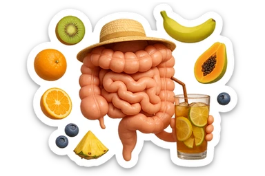 EMOJI STILE IPHONE DI INTESTINO UMANO REALISTICO CON CAPPELLO DI PAGLIA DA SPIAGGIA CHE BEVE UN Tè FREDDO IN BICCHIERE DI VETRO CON DENTRO  fette di cetriolo, limone, lime, DIETRO L'INTESTINO FLUTTUANO PEZZETTI DI Kiwi
Banana acerba
Arance e mandarini
Mirtilli
Ananas
Papaya
IPERREALISTICO 4K sticker