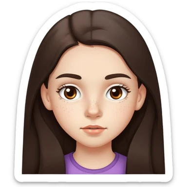 A 12-year-old girl with very long dark brown hair, light brown eyes, thick eyebrows, slightly big lips, a small freckle on her cheek and another small freckle under her eye sticker