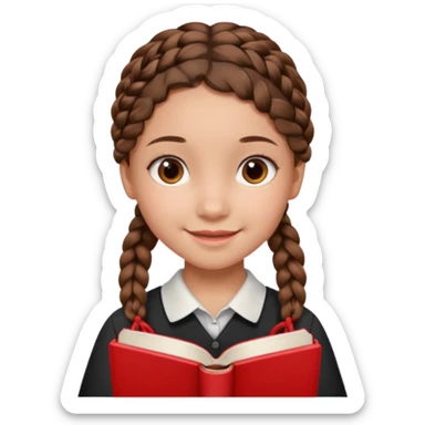 brown braid hair girl kid, student, black gile, red book sticker