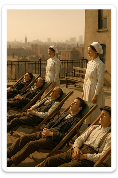 A realistic cinematic image of a hospital rooftop solarium from the 1900s, patients sunbathing under nurse supervision for heliotherapy against tuberculosis and rickets. sticker