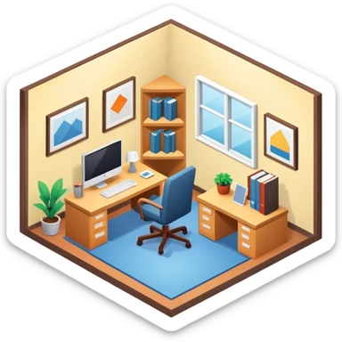 An isometric 3D room with two walls that meet at the back left and right. Home Office sticker