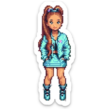 Ariana Grande pixel art icon with high ponytail, stylish outfit, pop star pose sticker