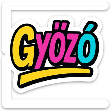 The name 'Győző' in a modern, colorful gradient font with a dark outline, dynamic style with slanted or partial underline, in the style of reference patterns. sticker