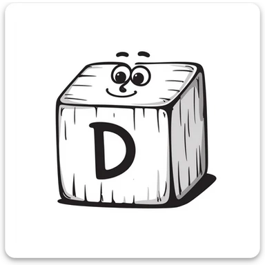A hand-drawn wooden letter D block with a silly cute expression sticker