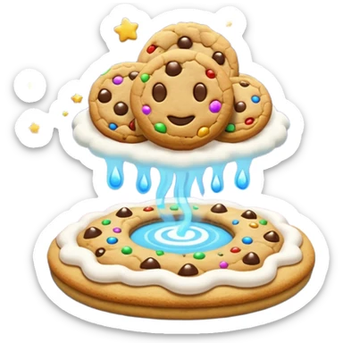 Divine floating cookie factory with golden architecture, infinite cookie stream, glowing aura, celestial clouds, epic emoji-style sticker