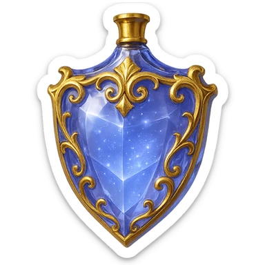 luxurious crystal elixir bottle shaped like a shield, color #7986cb, golden ornate details, magical shine, very small golden neck, seamless bottom, transparent background, bottle floating in air, no base or shadow, modern, collection style sticker