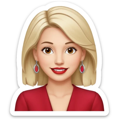 30 year old white woman with shoulder-length hair and brown eyes, left side of her hair tucked behind her ear, lipstick and hoop earrings, smiling, upper body portrait sticker