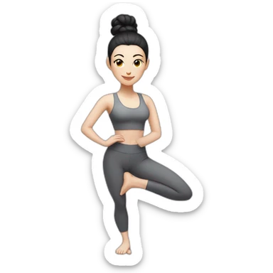 Pale skinned fit woman In a gray tight yoga suit and wristbands With black hair in a bun doing yoga sticker