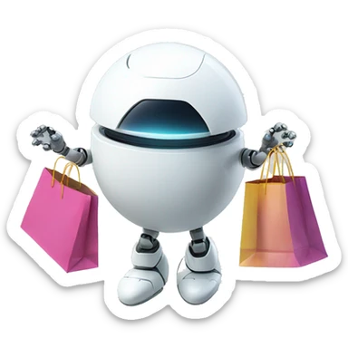 cute white floating spherical happy robot with floating shopping bags sticker