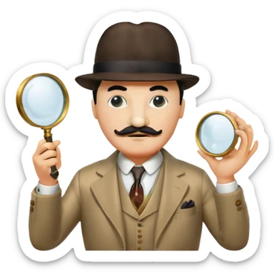 A cinematic-style frame showing Hercule Poirot in his iconic suit, with a magnifying glass, in a dramatic detective pose. Background should be dimly lit with an air of mystery, reflecting the atmosphere of a classic detective film. Transparent background. sticker