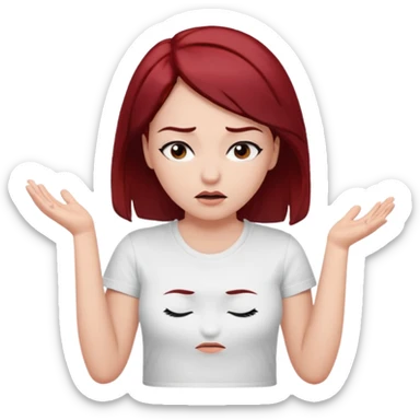 younger woman shrugging, eyes closed, white t-shirt, dark red hair, black eyebrows sticker