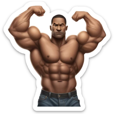 A hyper-muscular man with veins prominently visible across his massive arms and chest, each of his arms measuring 80 centimeters in width. his exaggerated physique creates an even more surreal and intense visual. sticker