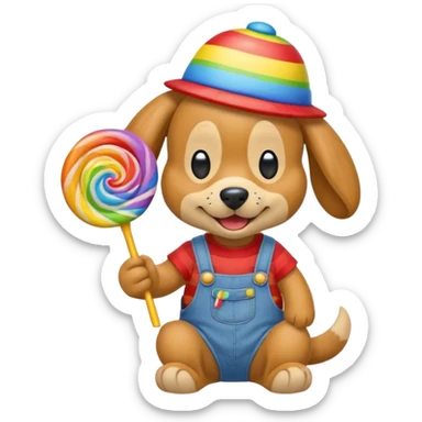 Generate a emoji of a dog with a comically large rainbow swirly lollipop with a goofy silly propeller hat, make the dog wear a striped bright yellow, red, and blue shirt with jean overalls sticker