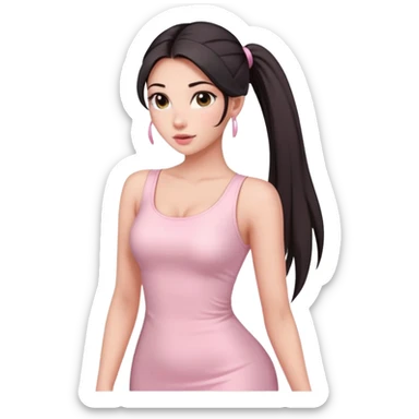 Beautiful woman with long dark ponytails wearing light pink bodycon dress sticker