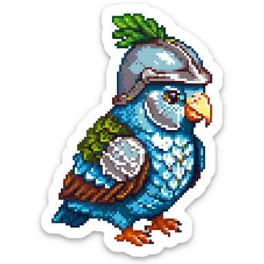 pixel art multicolored parakeet with a medieval helmet sticker