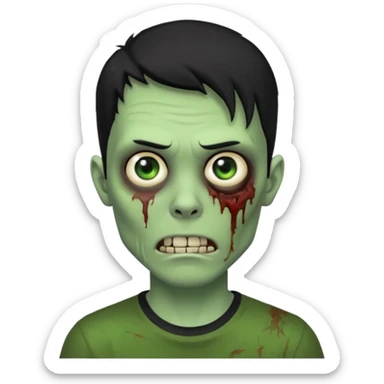 Zombie Emoji AppleIOS Style, lowfade Black Hair, and Black T-shirt, Green Skin, normal expression sticker